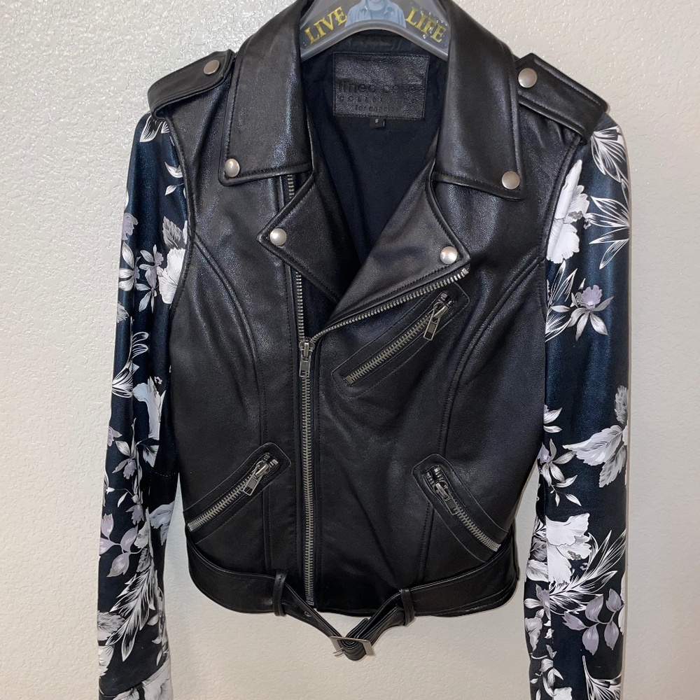 LINEA PELLE Black Soft Leather Flower Veda Moto Jacket Size S